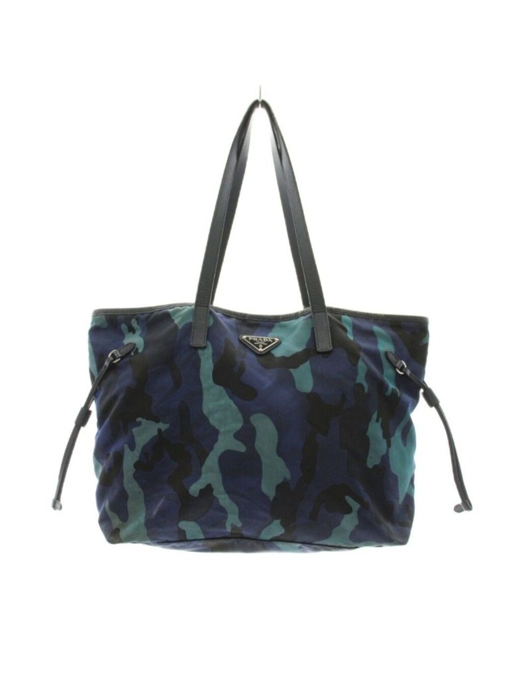Prada Tote Bag Camouflage Triangle Logo Nylon Leather Blue Navy